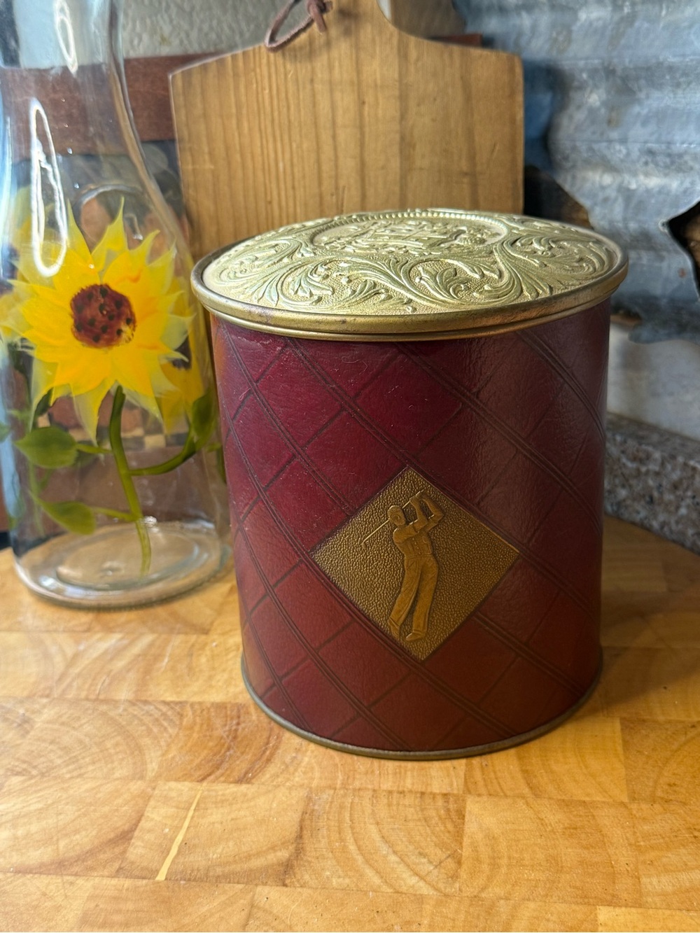 Vintage Golf-Themed Red Canister with Ornate Brass-Tone Lid